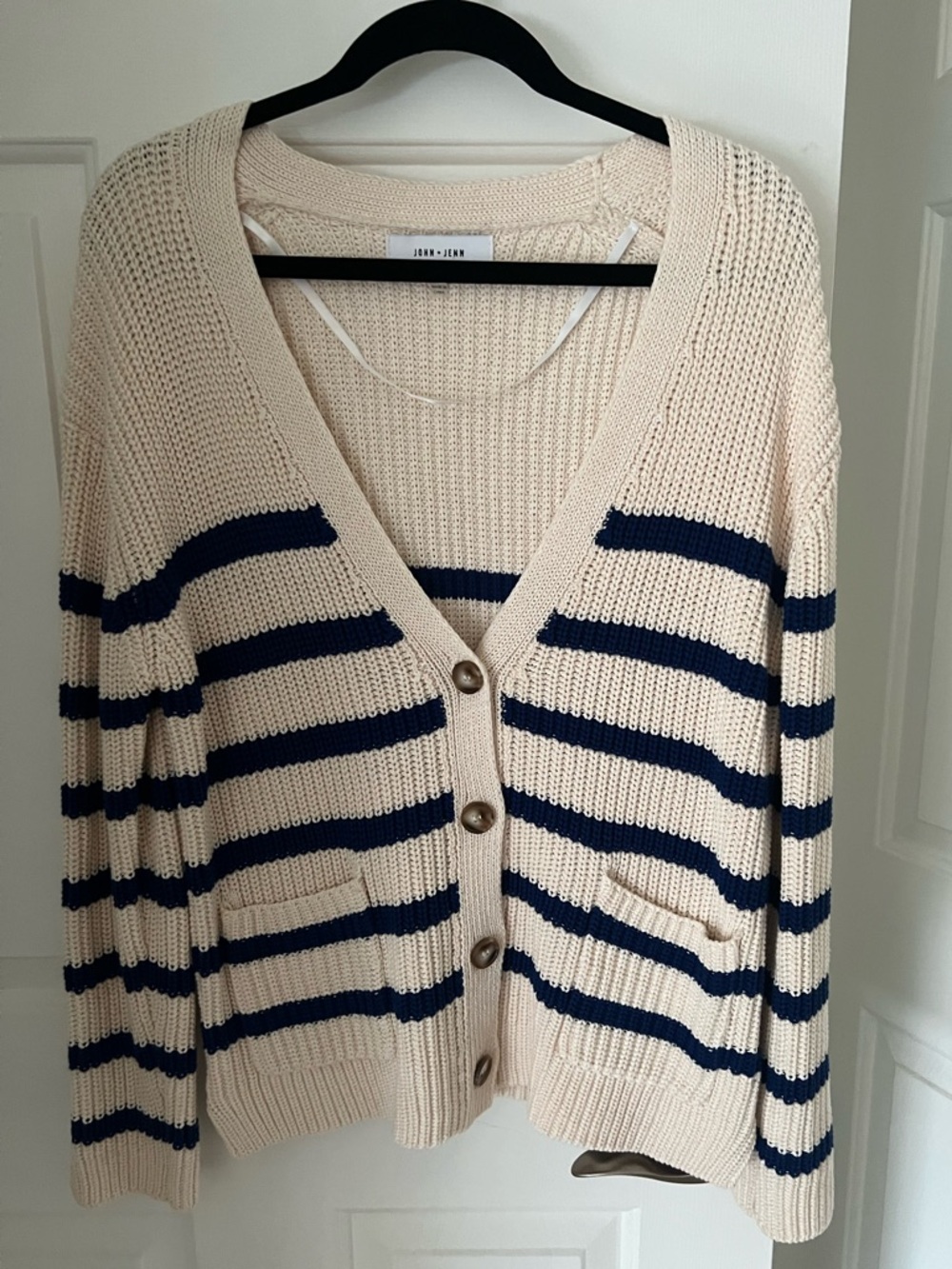 John + Jenn Cream Cardigan with Navy Stripes